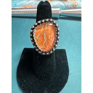 Vintage Handmade Sterling Silver Ring with Iridescent Orange Stone In Beaded Set